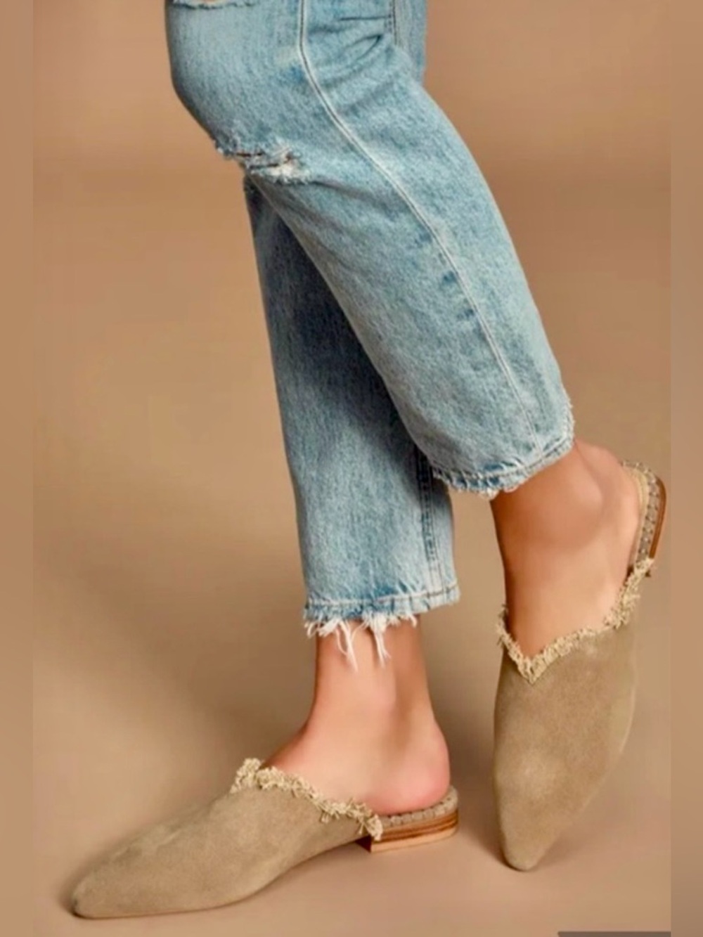 Free People Newport Tan Suede Fringe Pointed Toe Flat Mules size 39